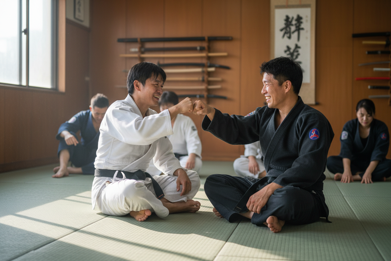 Martial artists sitting on mats fist bumping